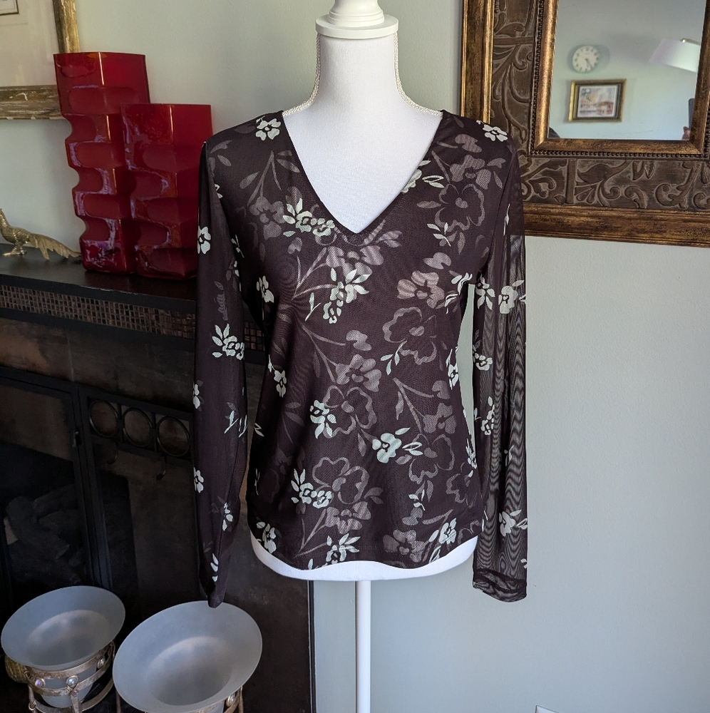 Vintage Y2K CASUAL CORNER Wmns M Mesh Stretch Top Brown/Black White Floral 185